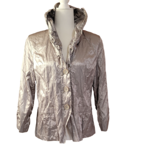 Chico's Metallic Satin Olive Green Crinkle Blazer Size Medium (Chico's 1) EUC